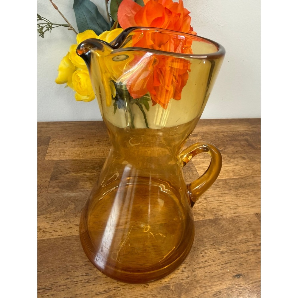 Vintage Amber Handβ Blown Art Glass Pitcher Pedestal Base MCM Barware Decor Bar - Picture 4 of 10